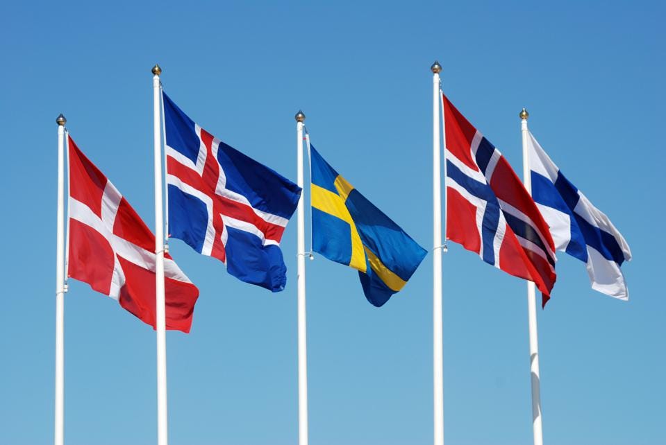 Flags of Nordic countries Denmark, Iceland, Sweden, Norway and Finland